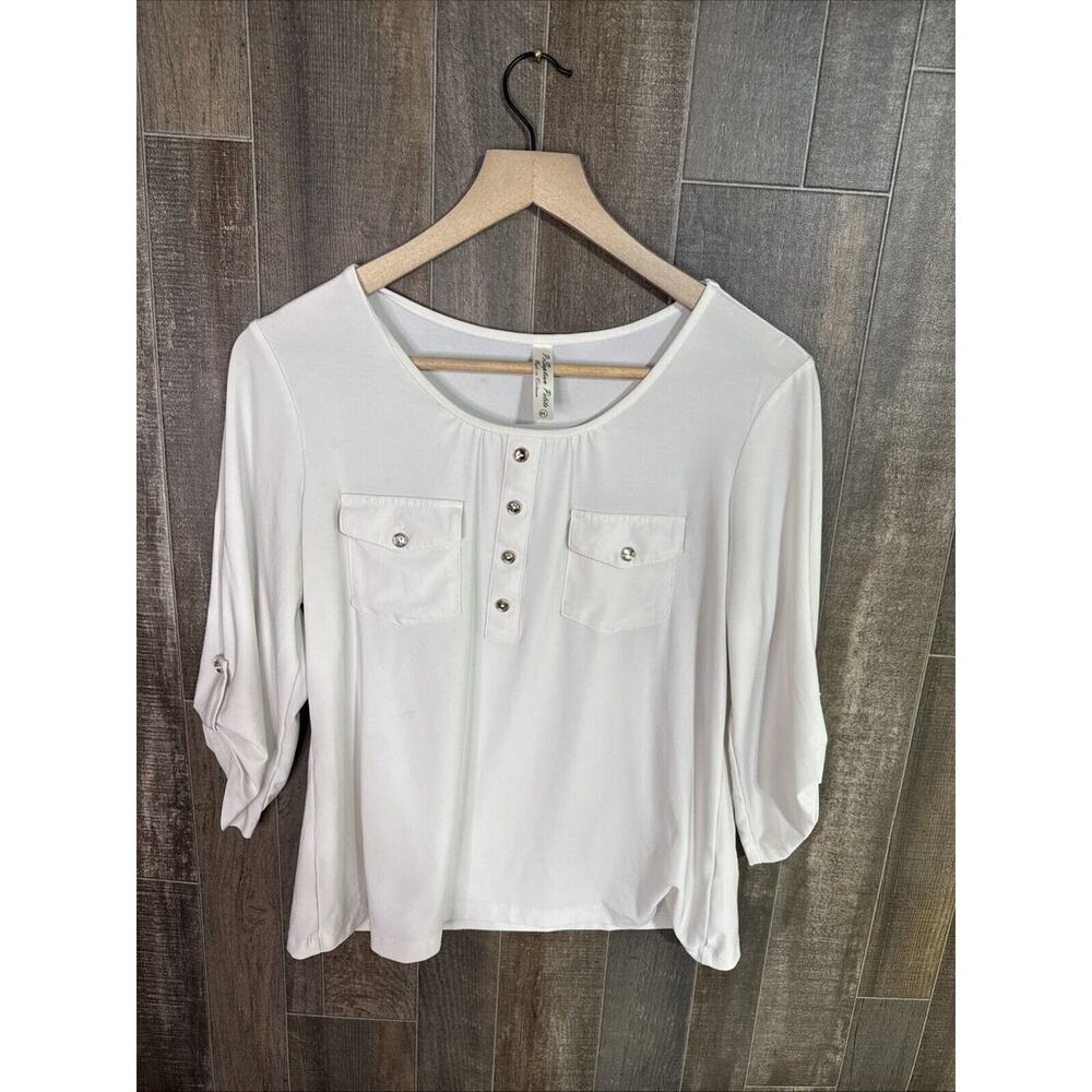 Per Seption Women Size PL White Blouse Tab‎ Sleeves Button Accents